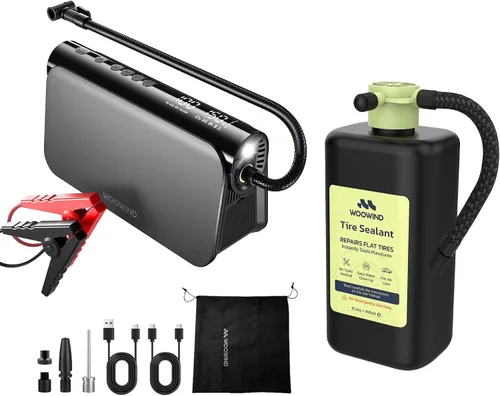 Woowind 3-en-1 Arrancador de batería: Booster de 16000mAh, Banco de energía de 65W, Compresor de aire de 150PSI y Kit de sellado de neumáticos para