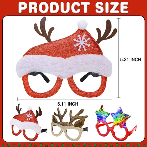 Miniatura 3 de Thuodo 12 lentes de Navidad con purpurina para fiestas, marcos de gafas de disfraz para fiestas de Navidad, vacaciones, cabina de fotos, gafas