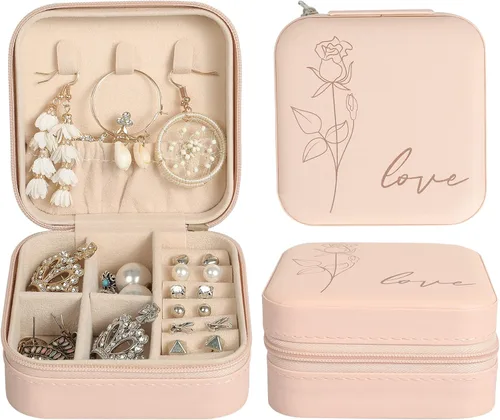 Konelia Pequeño organizador de joyero, mini organizador portátil de joyería de viaje, caja de almacenamiento de anillos, aretes, collares, hijas,