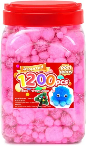 Miniatura 26 de Iooleem Pompones rosados – Tamaño surtido, 1200 piezas con ojos móviles, opciones de purpurina, perfectos para artes y manualidades