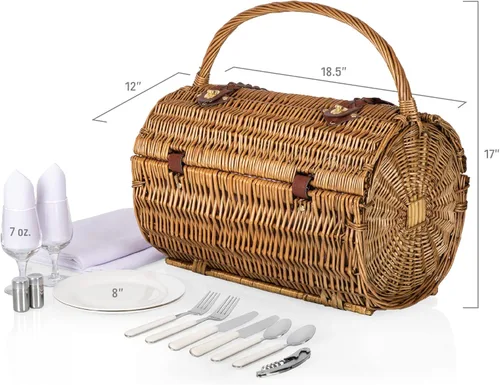 Miniatura 5 de Picnic TIME Cesta de picnic de mimbre para 2, romántica cesta de mimbre de madera redondeada de estilo inglés con servicio de lujo para 2