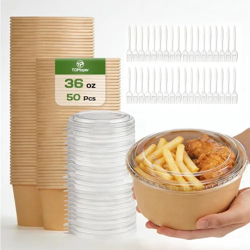 Miniatura 10 de TOPtoper Paquete de 50 cuencos de papel grandes de 33 onzas, cuencos desechables a granel a prueba de fugas y aptos para microondas para uso