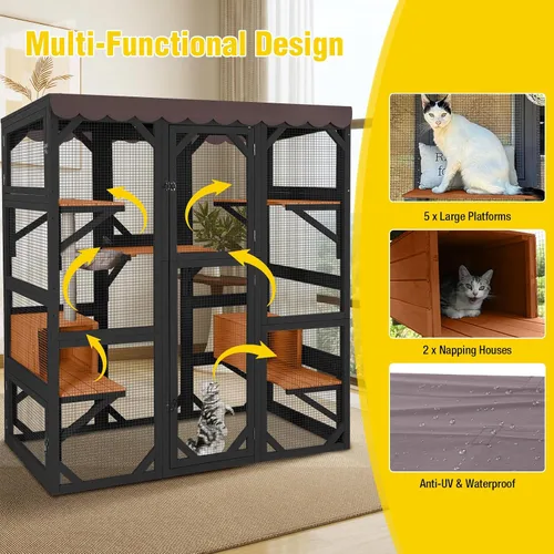Miniatura 3 de Wooden Catio Outdoor Cat - Amplio condominio para gatos con 7 plataformas de escalada, 2 acogedoras casas de siestas, panel de ventana expandible