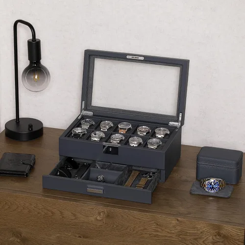 Miniatura 40 de ROTHWELL Caja de reloj de cuero de 10 ranuras con cajón de valet, organizador de exhibición de lujo con forro de microgamuza ultrasuave, soporte