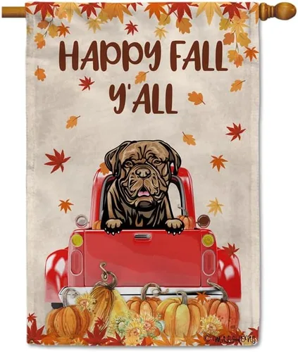 Miniatura 20 de Bandera con texto en inglés «Happy Fall Y'all» con diseño de perro inteligente con calabaza en camión rojo y hojas de arce, pancarta de otoño