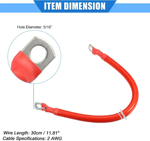 Miniatura 6 de Cable de batería, calibre 2 AWG de 11.8 in, 5/16 pulgadas, cable de batería universal para automóvil, camión, caravana, rojo, cobre duradero