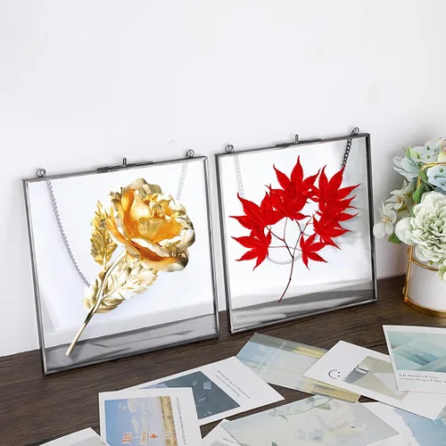Miniatura 6 de JUXYES Paquete de 2 marcos cuadrados de latón para colgar en la pared para flores prensadas, marco de exhibición de ilustraciones de doble vidrio