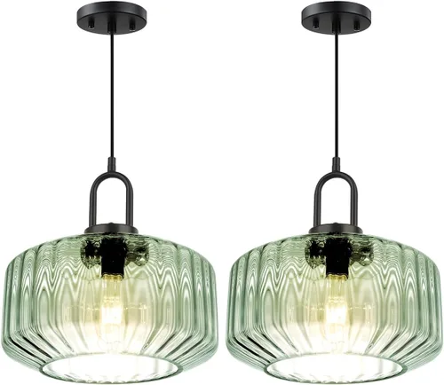 Iluminación de mediados de siglo, modernas lámparas colgantes de vidrio verde claro, luces colgantes vintage de 11 pulgadas con pantalla de vidrio