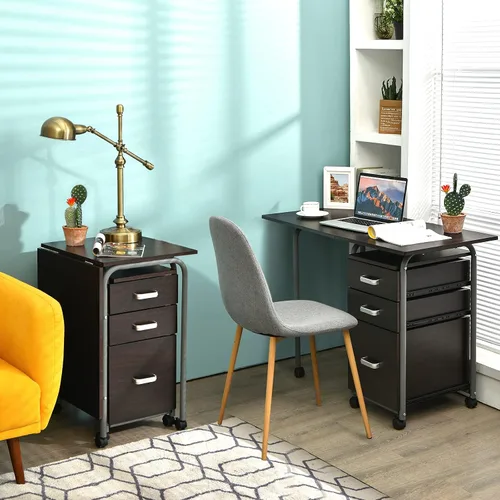 Miniatura 5 de Tangkula Escritorio plegable para computadora con 3 cajones de almacenamiento, escritorio de oficina en casa móvil, escritorio de estudio con ruedas
