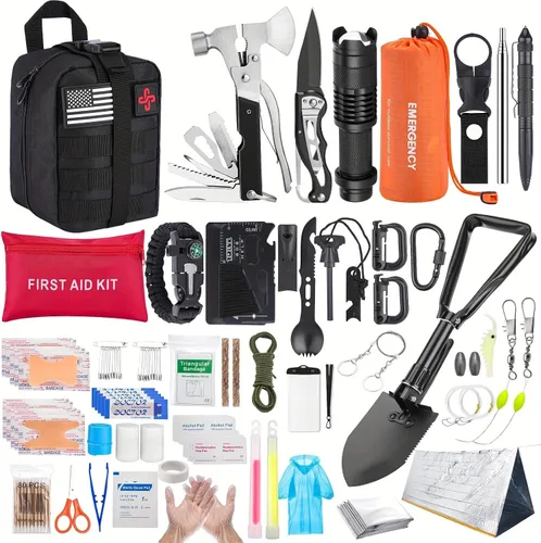 Kit de supervivencia, 252 piezas de equipo de supervivencia con bolsa compatible con sistema Molle y tienda de emergencia, kit de emergencia para