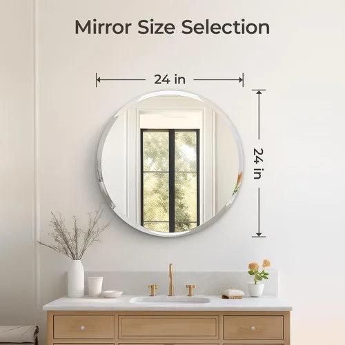 Miniatura 4 de USHOWER Espejo de baño redondo sin marco de 24 pulgadas, espejo de tocador circular para decoración de pared, con borde biselado, para baño, sala