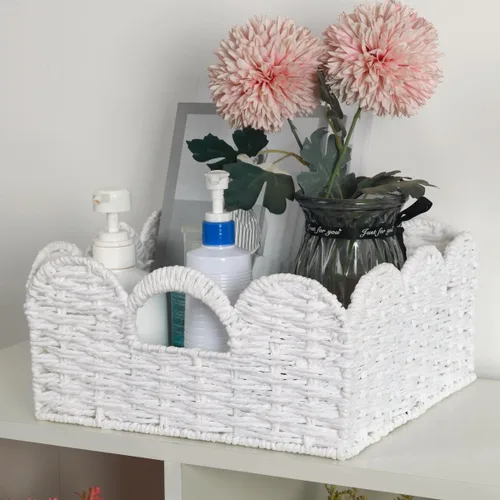 Miniatura 2 de Graciadeco Cesta de mimbre festoneada, cestas de almacenamiento de cuerda de papel natural con asas, organizador tejido a mano, cestas de Blanco