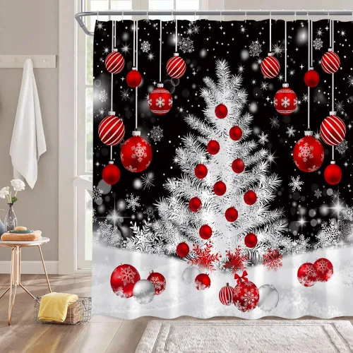 Miniatura 2 de Cortina de ducha de Navidad, árbol de Navidad, bolas rojas, copo de nieve, invierno, vacaciones, fantasía, Año Nuevo, decoración de baño, cortinas