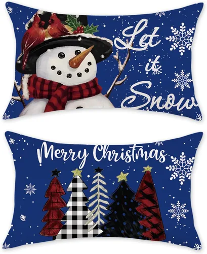 Miniatura 13 de TAJWE Fundas de almohada navideñas de 12x20, juego de 2, deja caer la nieve, muñeco de nieve, árboles de Navidad, fundas de cojín lumbares negras