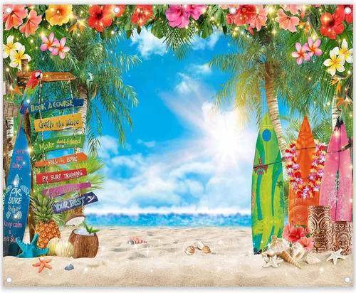 Miniatura 8 de Fondo de fotografía de playa hawaiana de verano de 8 x 6 pies, flores tropicales, hojas de palma, fondo de tabla de surf para Luau Aloha decoración