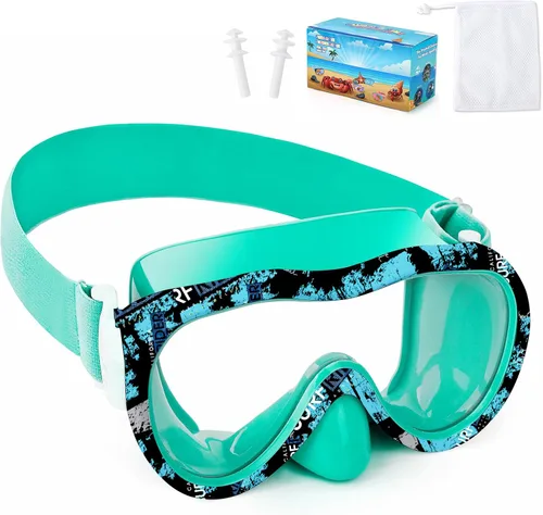 Miniatura 15 de Gafas de natación para niños con cubierta para la nariz, máscara de esnórquel panorámica de 180° con diseño antivaho y antifugas, correa de tela