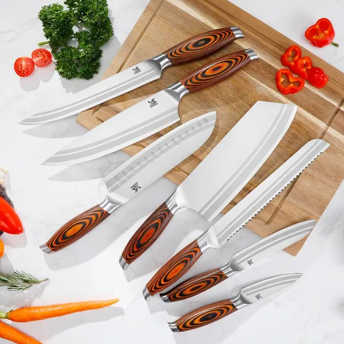 Miniatura 5 de MSY BIGSUNNY Juego de cuchillos de cocina de 7 piezas, acero inoxidable alemán para cuchillos de chef con mango de madera de Pakkawood, juego