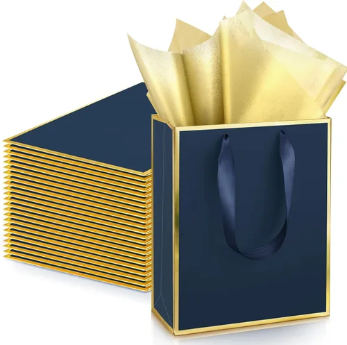 Miniatura 8 de Yeaqee Paquete de 24 bolsas de regalo de papel metálico con asa y papel de seda de 9 x 7 x 3.1 pulgadas, bolsas de favor de bienvenida con papel