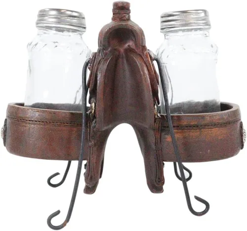 Miniatura 3 de Ebros Gift Country Western Cowboy Horse Sillín con 2 alforjas y conchos plateados, juego de estatuillas de sal y pimentero, acabado de cuero
