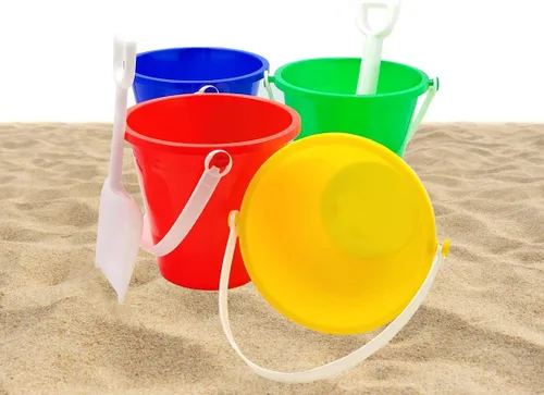 Miniatura 7 de The Dreidel Company Juego de juego para el día de playa, (paquete de 3) cubo de arena de 5.25 pulgadas, caja de juego incluida, cubo y pala