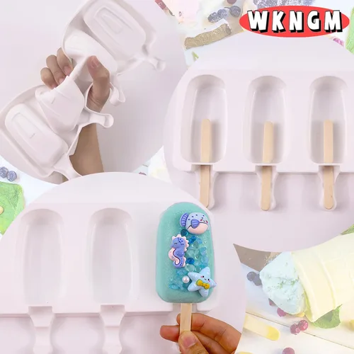 Miniatura 5 de 3 moldes de silicona grandes para paletas con tapas, 4 cavidades, moldes ovalados para barra de helado, moldes de silicona con 100 palos de madera