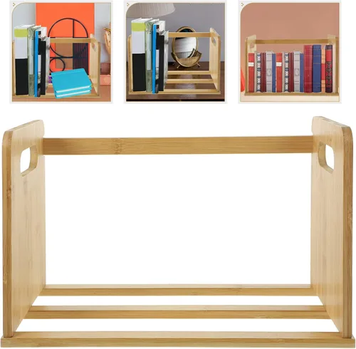 Miniatura 5 de LIFKOME Estantería de discos para libros, soporte de almacenamiento de libros, estantería de madera de mesa, álbumes de discos de vinilo