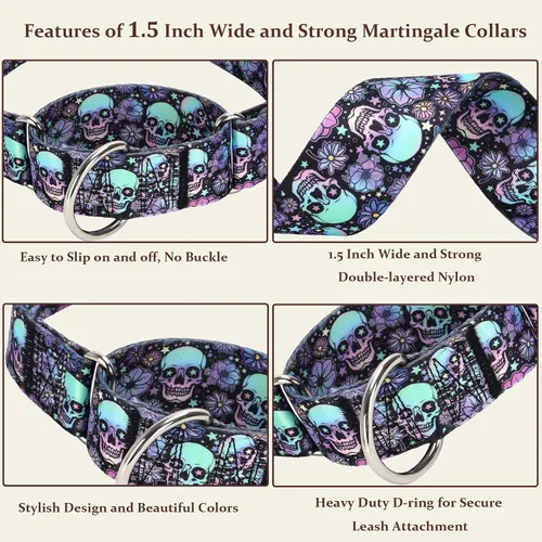 Miniatura 4 de Collar Martingale para Perro de 1.5 Pulgadas de Ancho - Diseño de Calavera Extra Resistente para Perros Grandes, Collar de Entrenamiento Ajustable