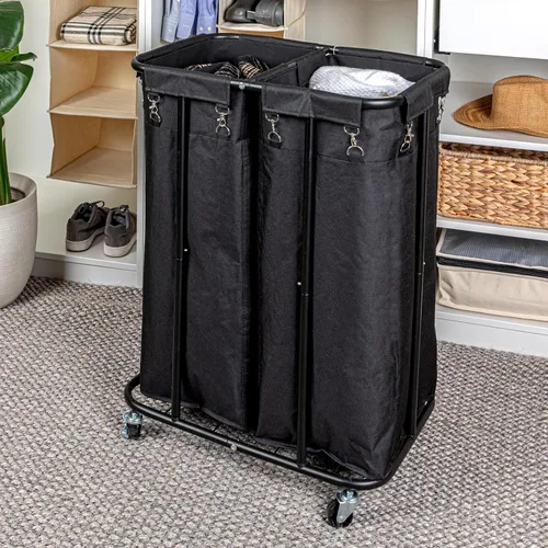 Miniatura 3 de Household Essentials Clasificador de ropa rodante de 2 bolsas, color negro Negro/Negro