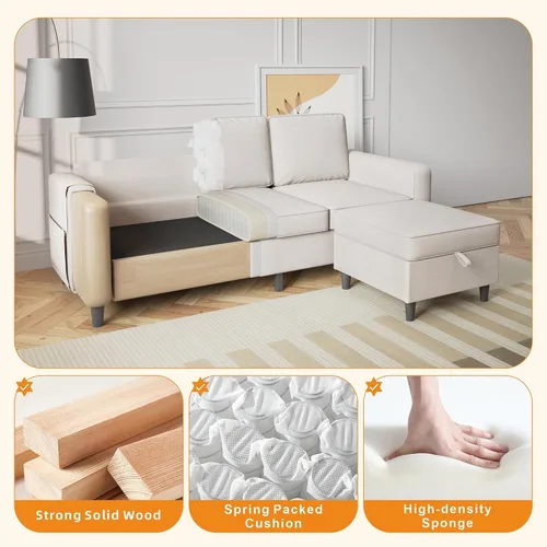 Miniatura 3 de Sofá seccional y sofás para sala de estar, sofá beige de 3 plazas en forma de L de 78 pulgadas con otomana de almacenamiento, sofás seccionales