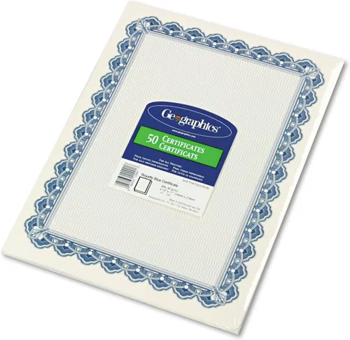 Geographics Certificados de papel pergamino, 8.5 x 11 pulgadas, borde azul realeza, 50 por paquete (22901), 4 paquetes