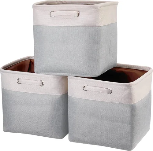 Miniatura 9 de Cajas de almacenamiento plegables de tela, cajas de almacenamiento plegables de 13 pulgadas, canastas de almacenamiento de retazos naranja y beige