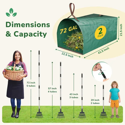 Miniatura 2 de GreatBuddy Combo de rastrillo y bolsas de hojas para hojas, rastrillo de jardín de metal ajustable de 29 a 72 pulgadas, 11 dientes, paquete de 2