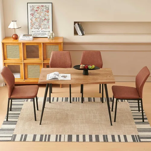 Miniatura 5 de Juego de mesa de comedor para 4, mesa de comedor rectangular irregular de madera moderna, sillas de comedor de cuero, 4 mesas y sillas, juego de 4