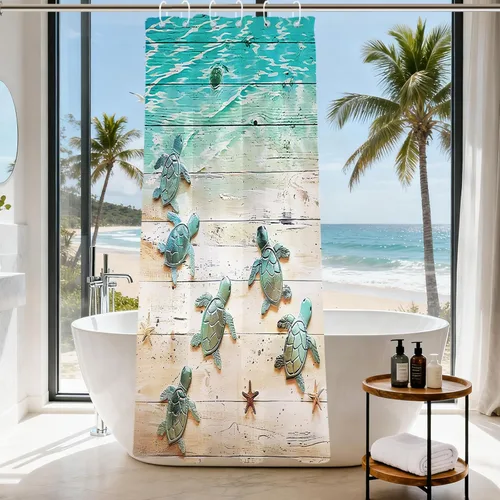 Cortina de ducha con diseño de tortuga marina y playa, diseño náutico, color verde azulado, decoración de océano azul con ojales y ganchos, 36 x 72