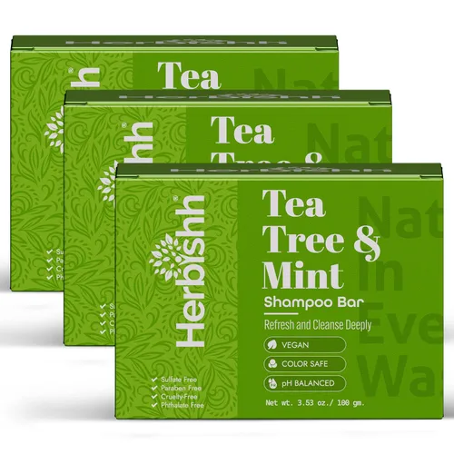 Herbishh Barra de champú Tea Tree & Mint - Barra de aceite de árbol de té para limpieza de cabello graso y cuero cabelludo - Champú sólido de tamaño