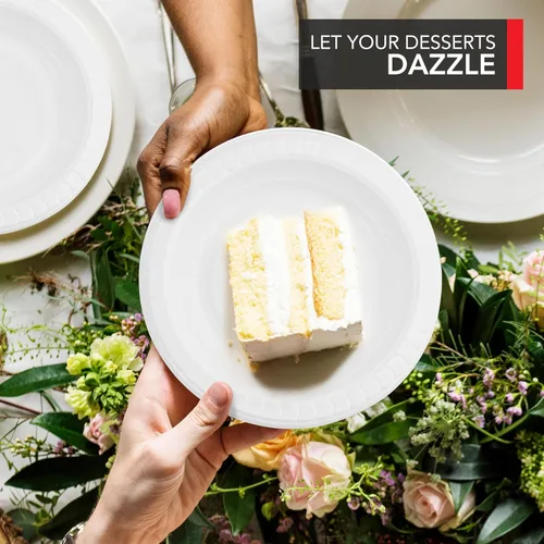 Miniatura 6 de Stock Your Home 400 platos de plástico blanco de alta calidad, platos desechables blancos de 6 pulgadas para pastel de boda, platos de postre