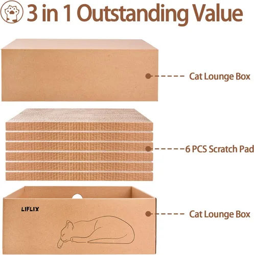 Miniatura 2 de LIFLIX Rascador de cartón para gatos con 2 cajas, 6 almohadillas reversibles para arañazos en caja rascador grande para gatos, 17.1 pulgadas x 13.2