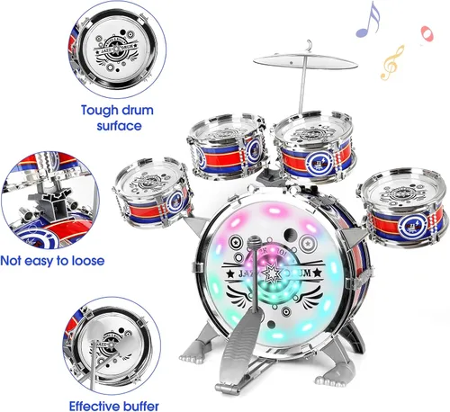 Miniatura 3 de Juego de batería para niños pequeños de 1 a 3 años, 5 piezas de tambor de jazz con taburete y platillo, instrumentos musicales iluminados, juguetes