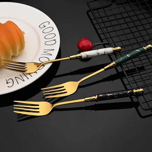 Miniatura 4 de JASHII Juego de cubiertos con mango de plástico texturizado de mármol para 4, cubiertos de acero inoxidable, 20 piezas, incluye tenedor de cuchara