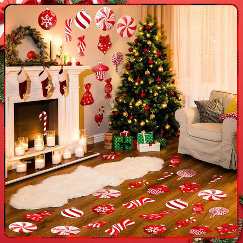 Miniatura 4 de Yulejo 65 calcomanías de Navidad para el suelo, calcomanías de pared de menta, calcomanías de bastón de caramelo, decoraciones de piruletas grandes