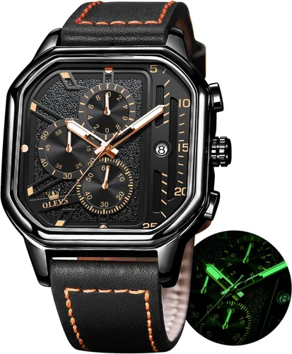 Miniatura 8 de OLEVS Relojes cuadrados para hombre, cronógrafo de cuero marrón, reloj de negocios de moda, luminoso, impermeable, relojes de pulsera casuales