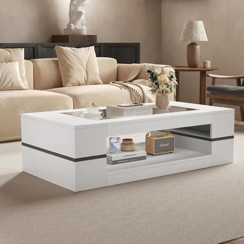 Miniatura 11 de HedoAjim Mesa de centro moderna y elegante de 47.2 pulgadas con parte superior de cristal, mesa grande para sala de estar, mesas centrales