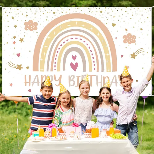 Miniatura 7 de Hestya Decoraciones de fiesta boho arcoíris para cumpleaños, telón de fondo de cumpleaños de feliz primer cumpleaños, decoraciones de accesorios