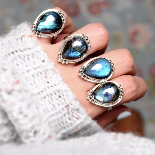 Miniatura 7 de Boho-Magic Anillo de plata de ley con labradorita para mujer, joyería bohemia con piedras preciosas en forma de lágrima
