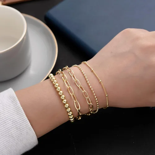 Miniatura 3 de KesaPlan Juego de pulseras de oro para mujer, ajustables, chapadas en oro de 14 quilates, con cuentas delicadas, juego de pulseras de eslabones