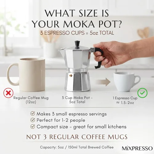Miniatura 2 de Mixpresso Moka Pot 3 tazas (5 onzas en total) – Cafetera de café espresso para estufa de gas y eléctrica, cafetera cubana e italiana de aluminio