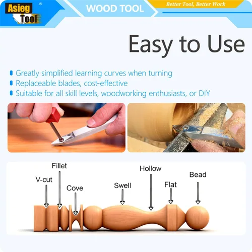 Miniatura 5 de Mini torno de madera con punta de carburo, herramientas de torneado, conjunto combinado de acabado de detallador más duro con mango de madera e