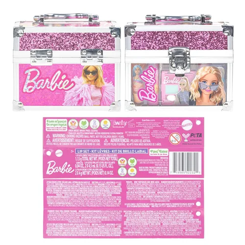 Miniatura 8 de Barbie Beauty Mini Train Case Set incluye tubo de brillo de labios, bálsamo labial, brillo de labios compacto para fiestas de pijamas de niñas