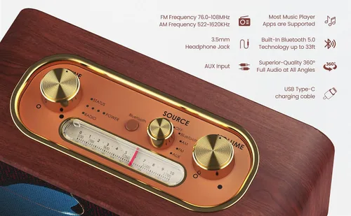 Miniatura 3 de Altavoz Bluetooth vintage con radio AM/FM, naranja Retro Wireless Speaker, 10H Playtime, Charge-While-Play, Aux/Antenna, Interchangeable Panel