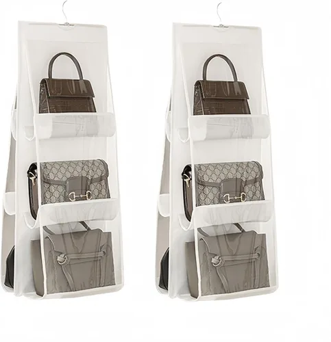 Miniatura 7 de HAN SHENG Organizador transparente para bolsos y bolsos, con 6 bolsillos, almacenamiento para colgar bolsas, estante colgante que ahorra espacio